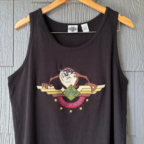 Vintage Looney Tunes Tank Top Cotton Size Large Embroidered Graphic Taz Devil - Picture 3 of 7
